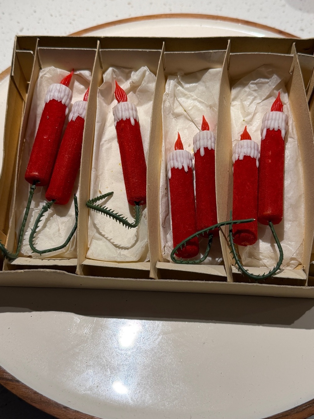 Vintage Japan Red Flocked Christmas Tree Candle Ornaments With Plastic Ties